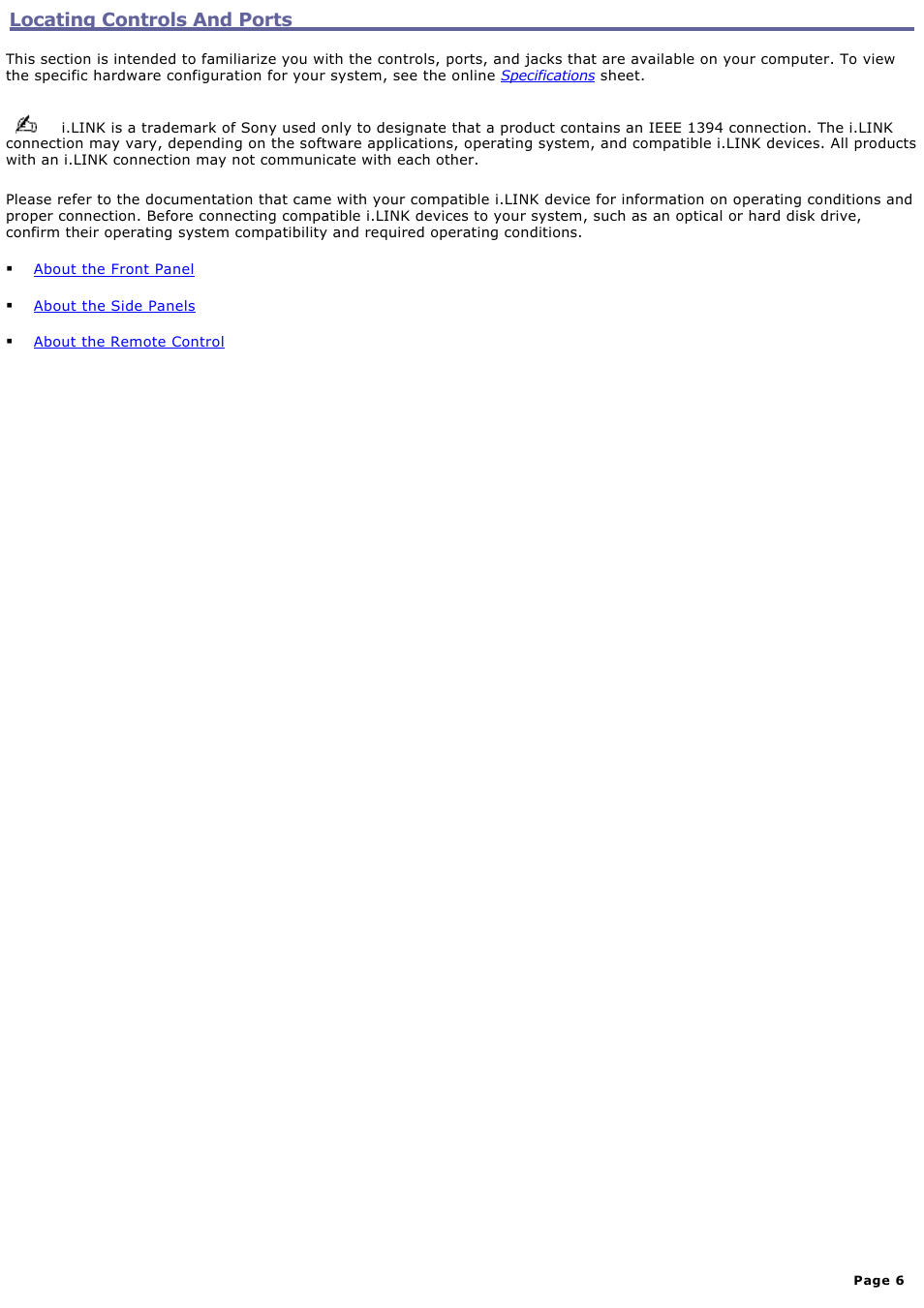 Locating controls and ports | Sony PCV-W600G User Manual | Page 6 / 138
