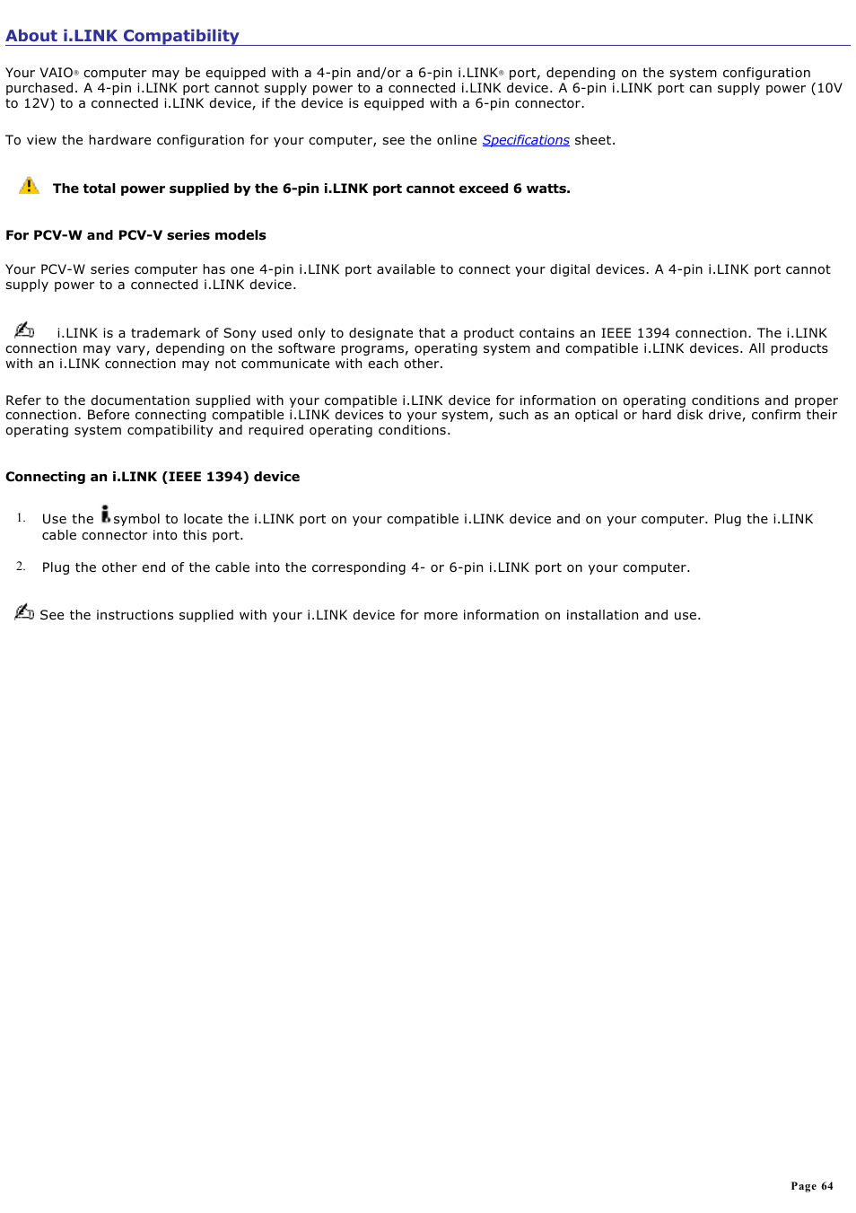 About i.link compatibility | Sony PCV-W600G User Manual | Page 64 / 138