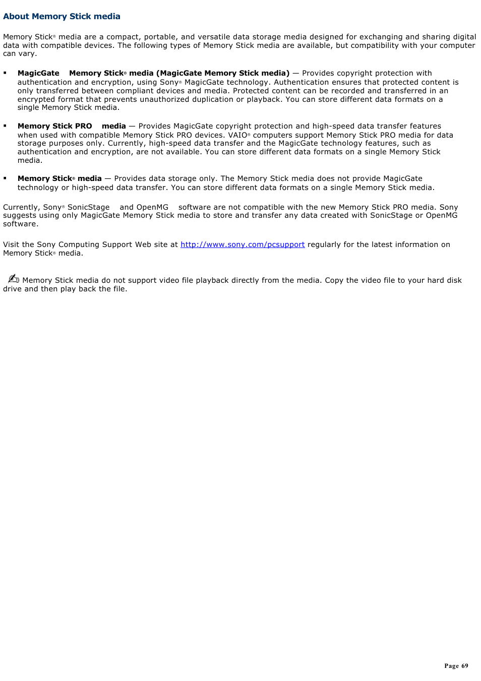 About memory stick media | Sony PCV-W600G User Manual | Page 69 / 138