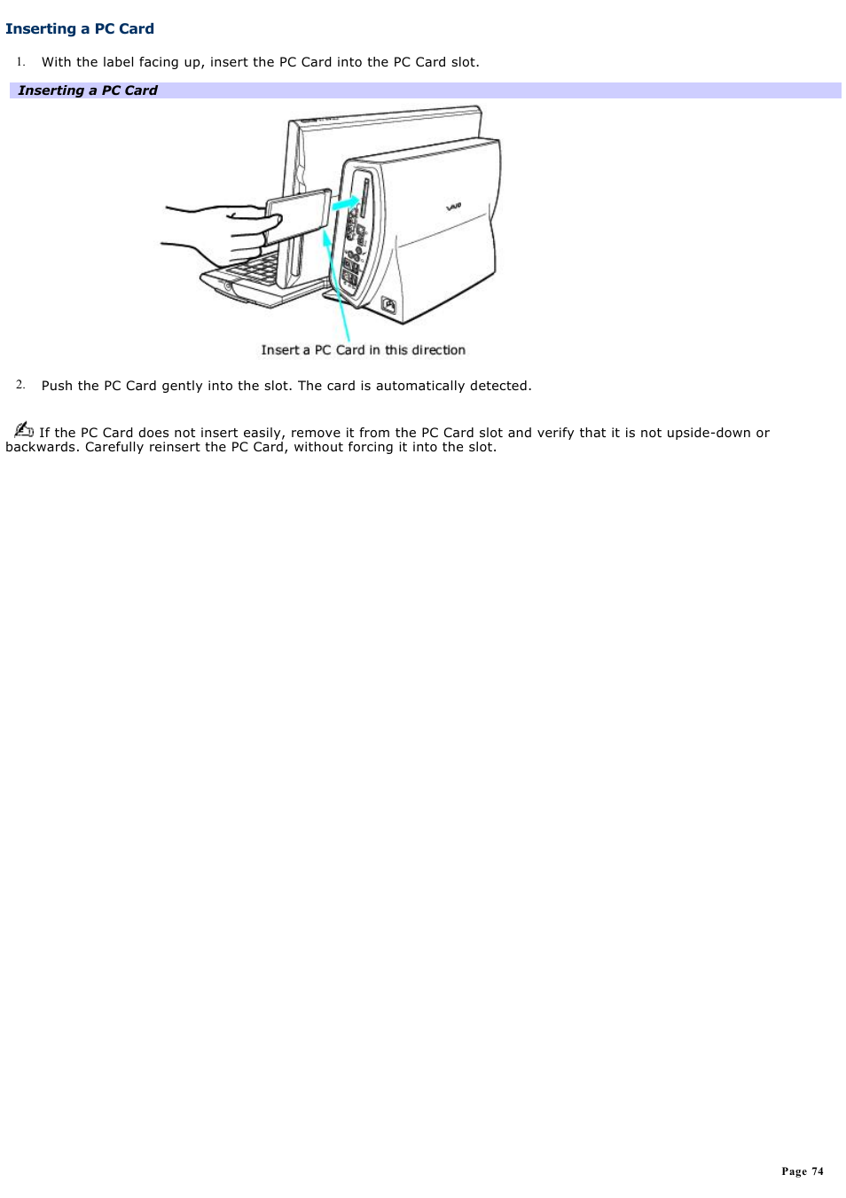 Inserting a pc card | Sony PCV-W600G User Manual | Page 74 / 138