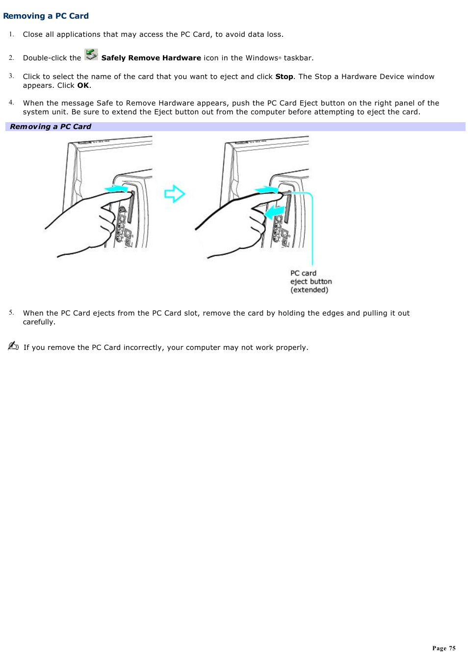 Removing a pc card | Sony PCV-W600G User Manual | Page 75 / 138