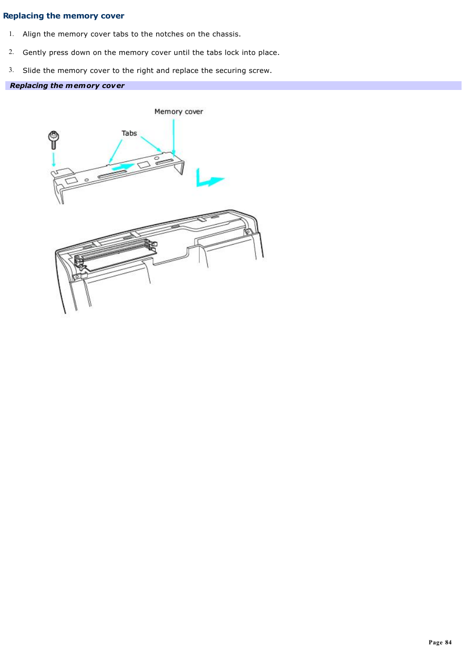 Replacing the memory cover | Sony PCV-W600G User Manual | Page 84 / 138