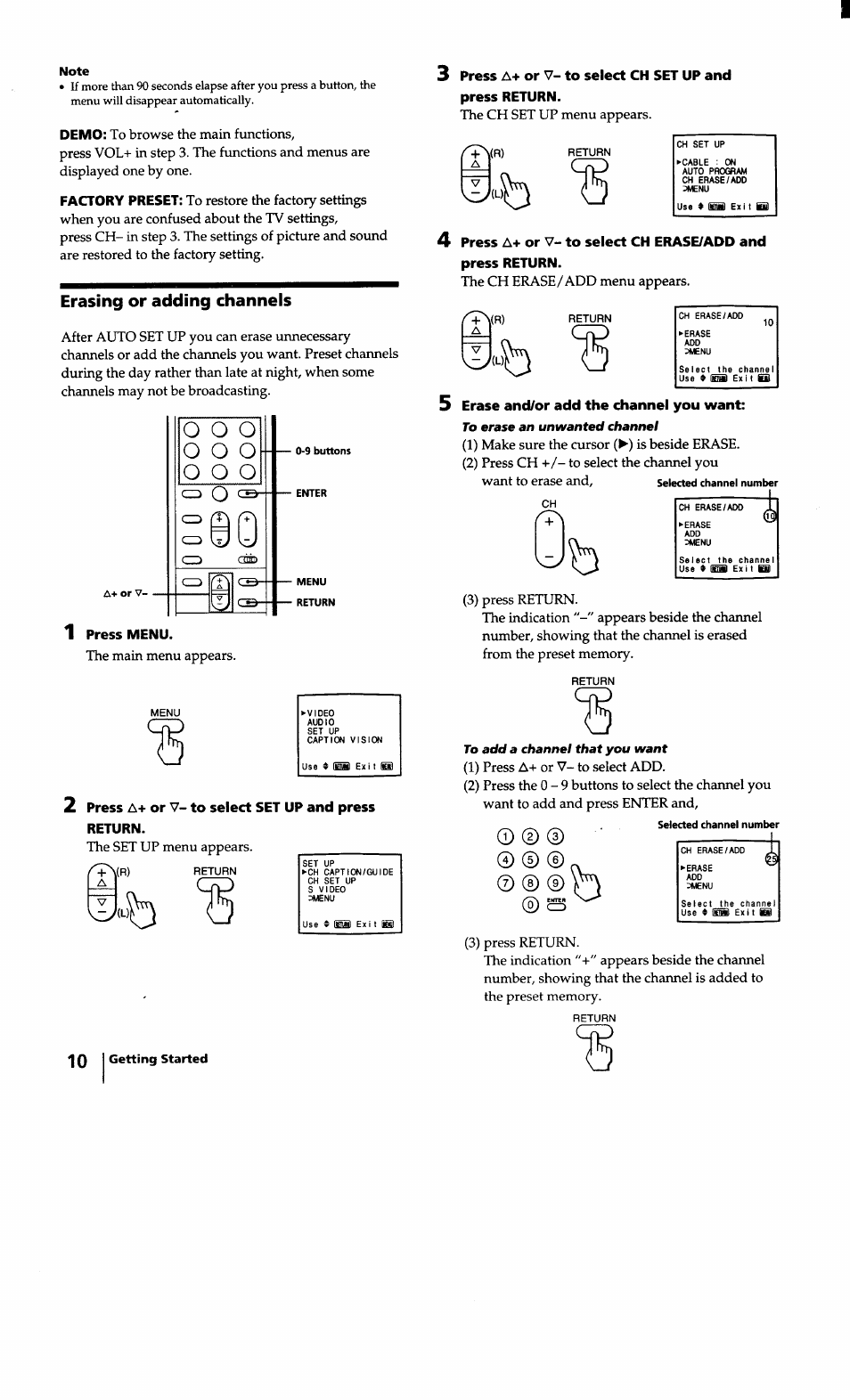Note, Erasing or adding channels, 1 press menu | Erase and/or add the channel you want, O o o | Sony KV-27S10 User Manual | Page 10 / 27