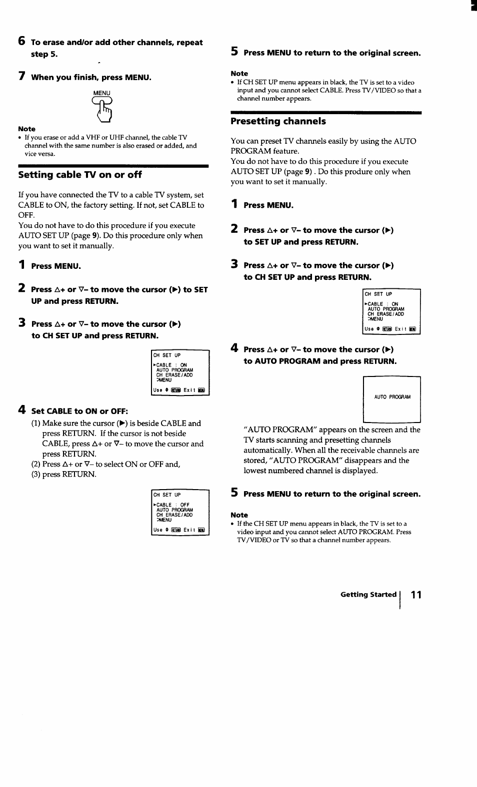 Note, Setting cable tv on or off, Presetting channels | Sony KV-27S10 User Manual | Page 11 / 27