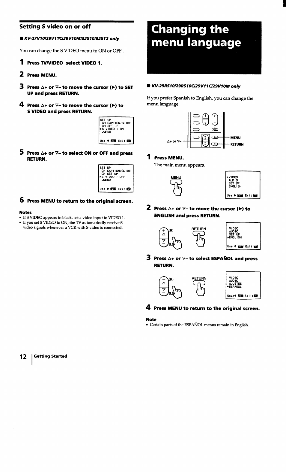 Setting s video on or off, Changing the menu language | Sony KV-27S10 User Manual | Page 12 / 27