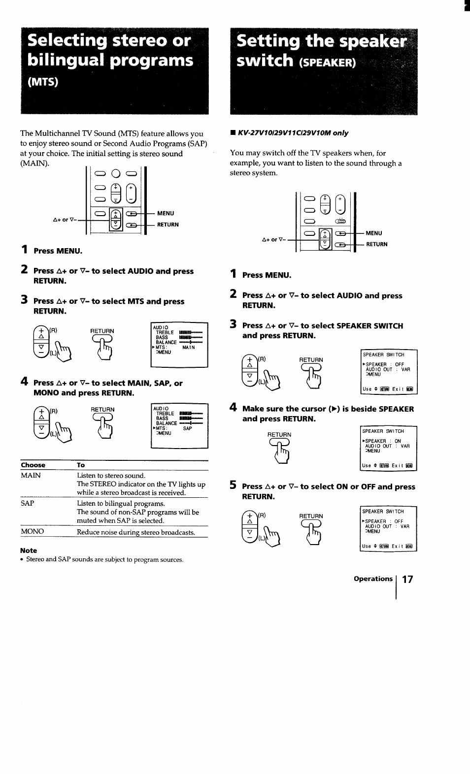 Selecting stereo or bilinaual droorams, Selecting, Bilinaual | Setting the speaker switch, Stereo or, Droorams, Mts), Speaker) | Sony KV-27S10 User Manual | Page 17 / 27