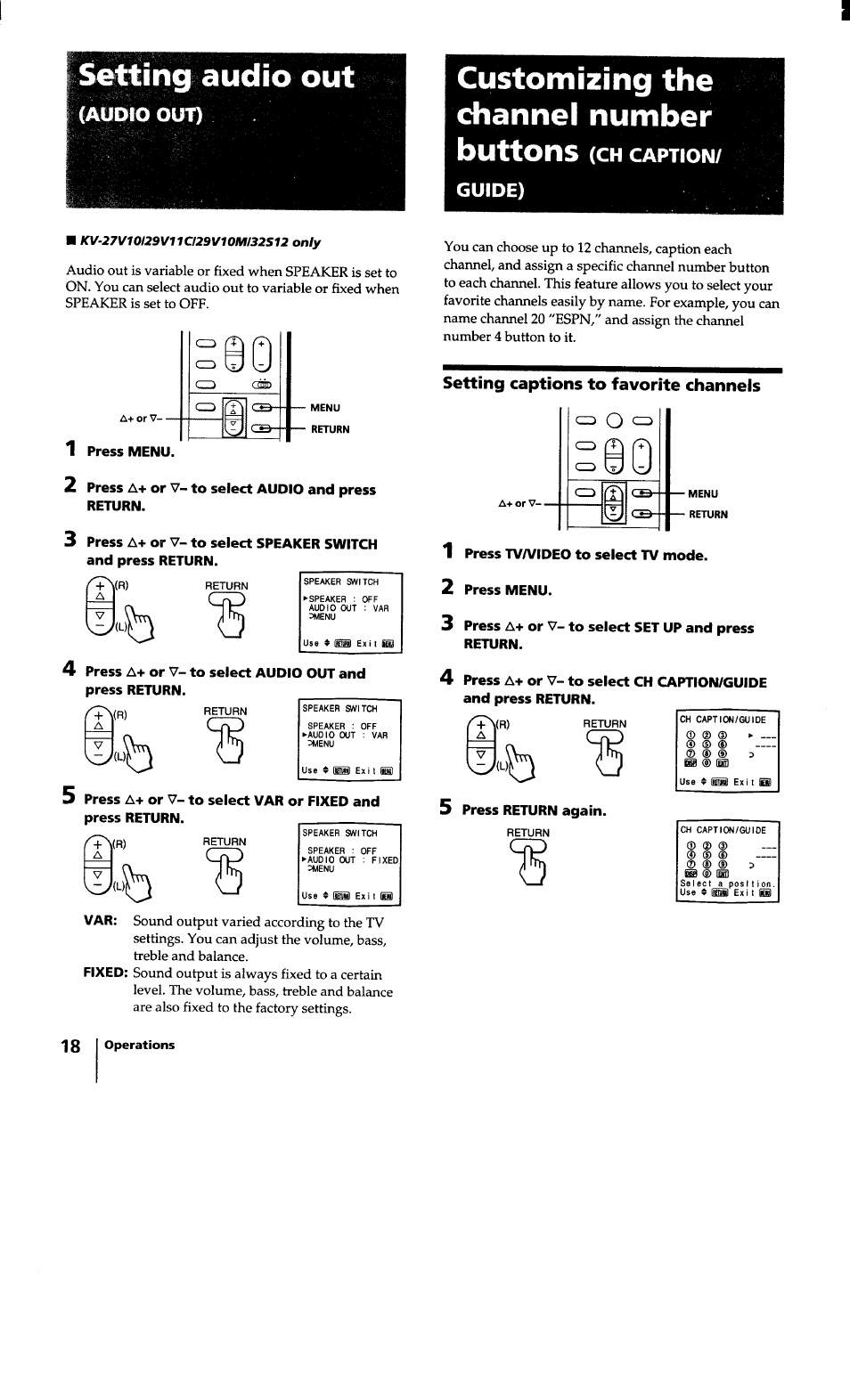 Setting audio out, Customizing the channel number, Setting captions to favorite channels | Audio out), Buttons (ch caption/ guide) | Sony KV-27S10 User Manual | Page 18 / 27