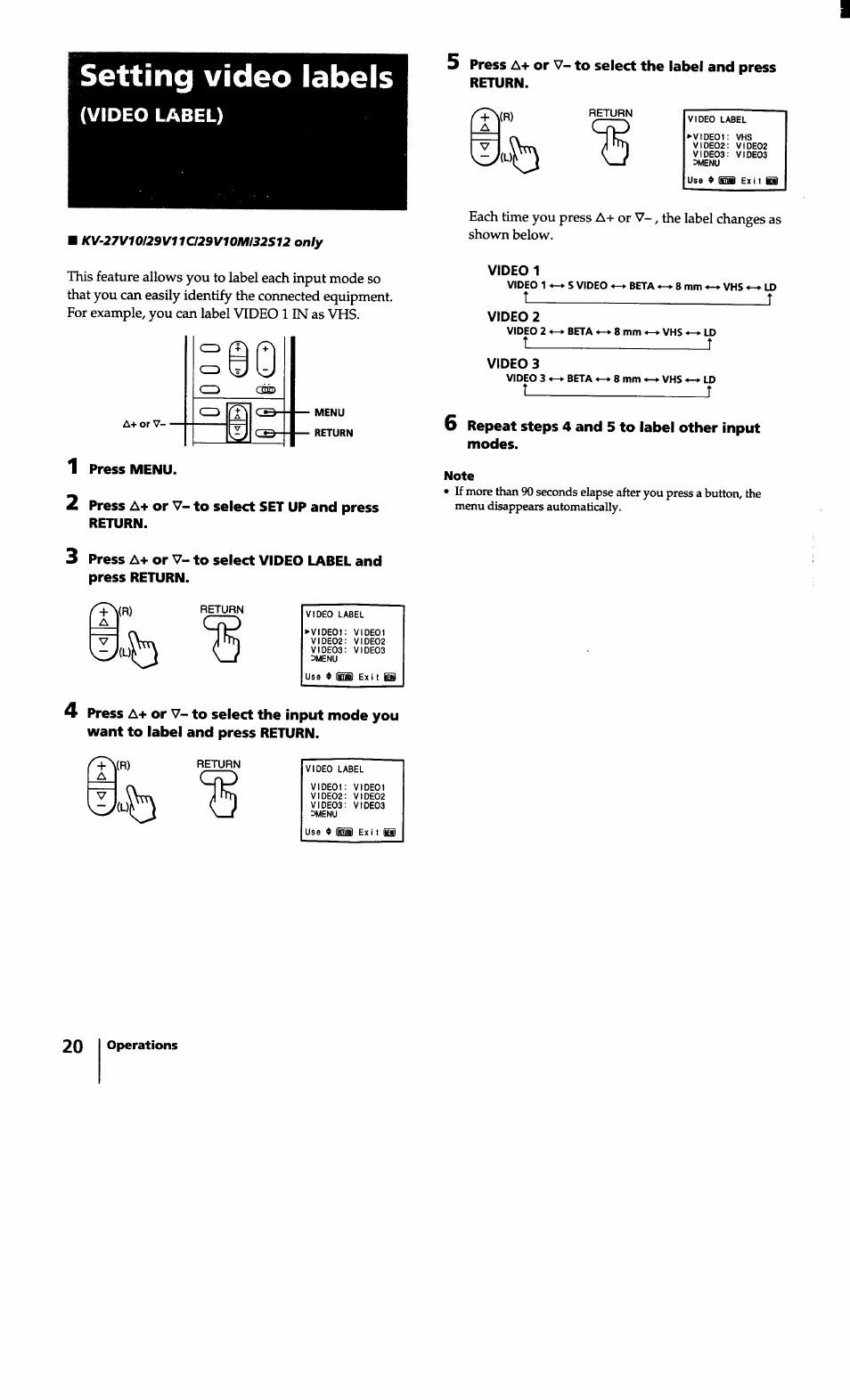 Setting video labels, Video label), Es­ es | T__________________________________ i, I_________________________ i | Sony KV-27S10 User Manual | Page 20 / 27