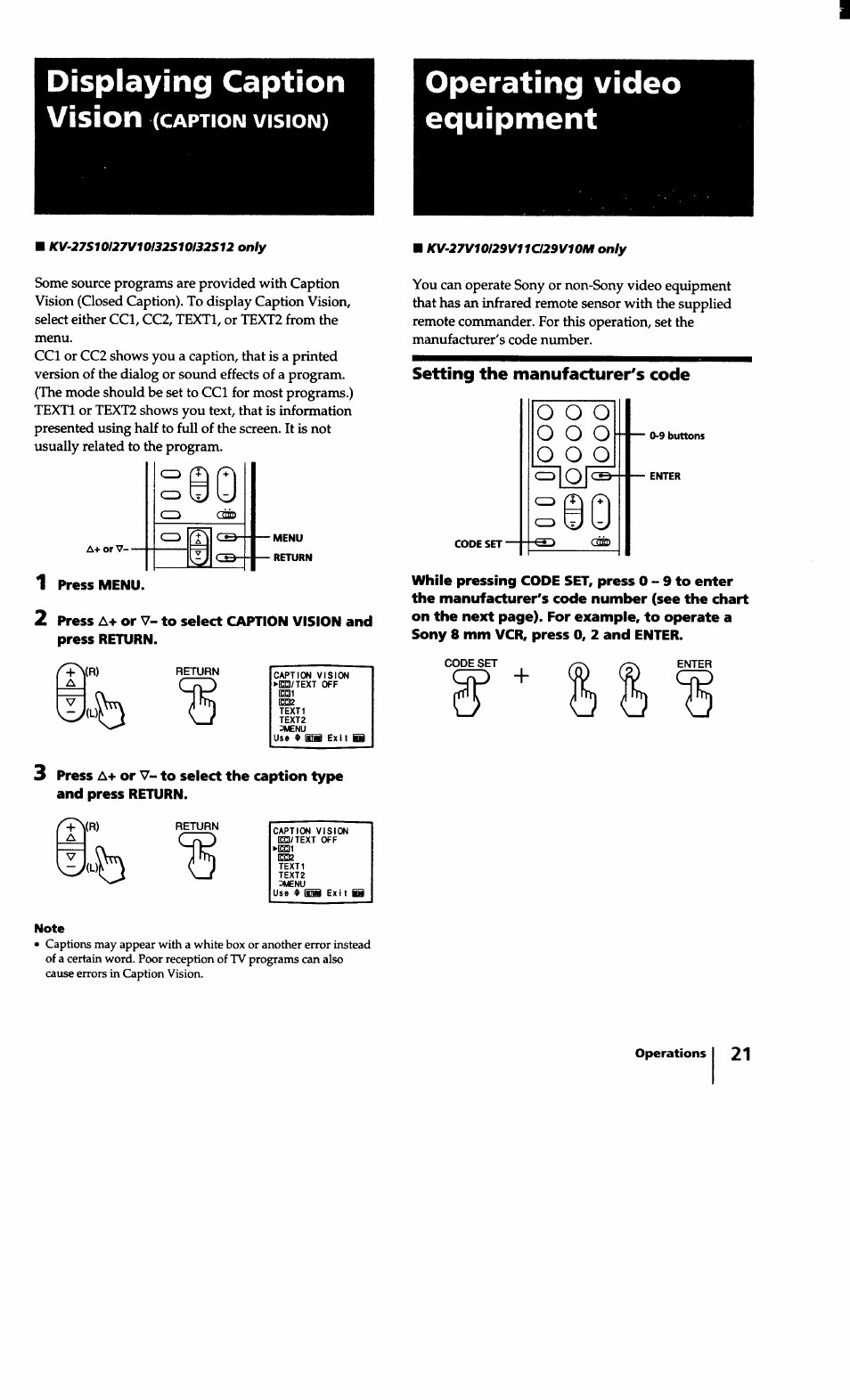 Displaying caption, Operating video equipment, 1 press menu | Setting the manufacturer's code, Displaying caption vision, Caption vision) | Sony KV-27S10 User Manual | Page 21 / 27