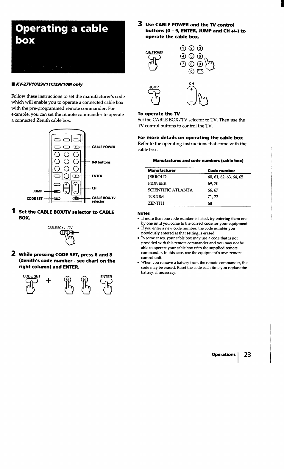 Operating a cable box, O o o, O o o o | Sony KV-27S10 User Manual | Page 23 / 27