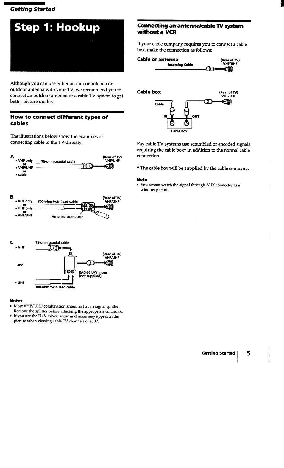 Step 1: hookup, Cable or antenna, Cable box | How to connect different types of cables, Getting started | Sony KV-27S10 User Manual | Page 5 / 27