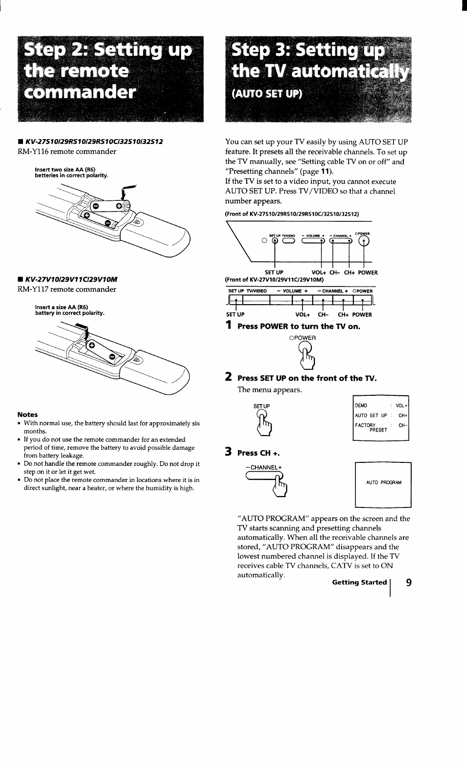 Step 2: setting up the remote commander, 1 press power to turn the tv on, 2 press set up on the front of the tv | 3 press ch | Sony KV-27S10 User Manual | Page 9 / 27