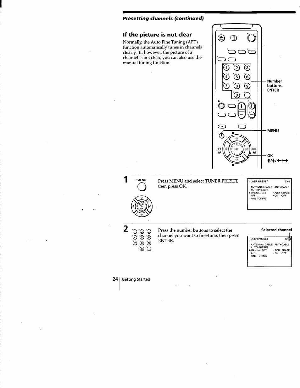 If the picture is not clear, Presetting channels (continued) | Sony SLV-677HF User Manual | Page 24 / 53