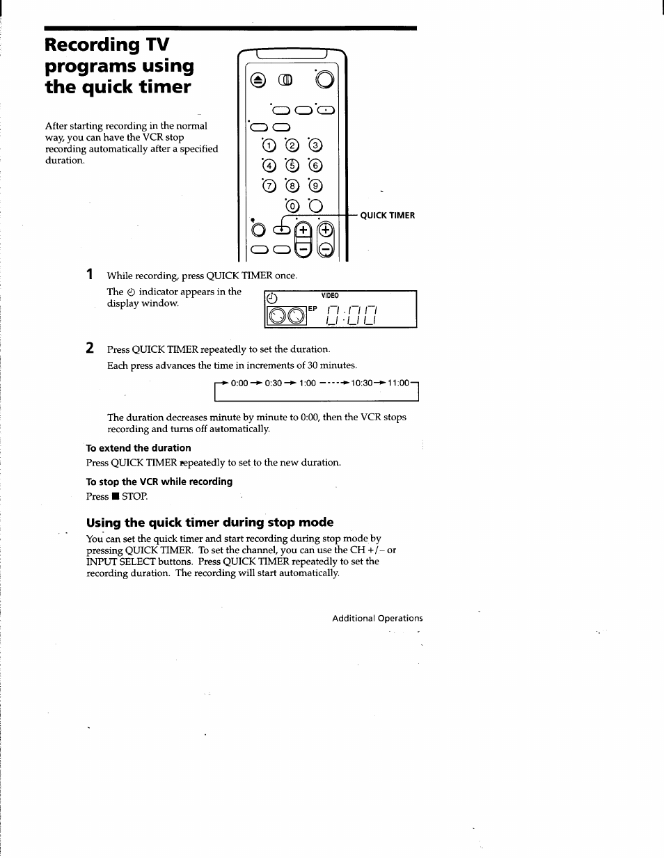 Recording tv programs using the quick timer, To extend the duration, To stop the vcr while recording | Using the quick timer during stop mode | Sony SLV-677HF User Manual | Page 35 / 53