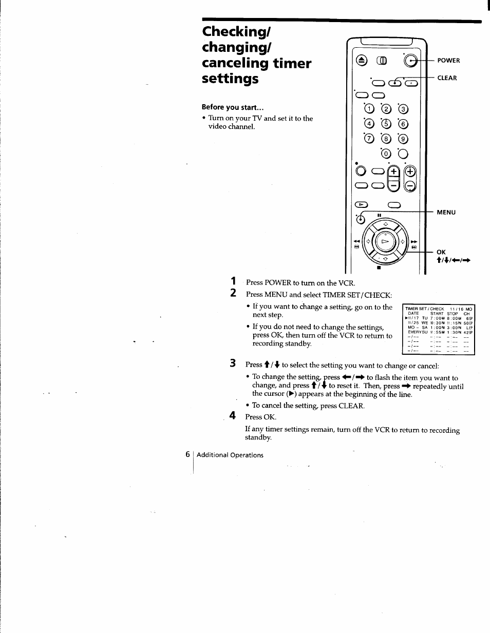 Before you start, Checking/ changing/ canceling timer settings | Sony SLV-677HF User Manual | Page 36 / 53