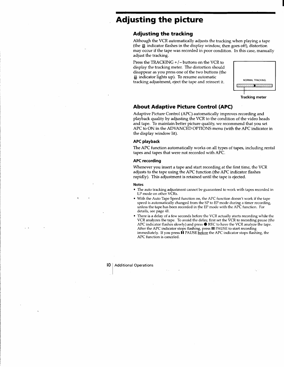 Adjusting the picture, Adjusting the tracking, About adaptive picture control (apc) | Apc playback, Apc recording | Sony SLV-677HF User Manual | Page 40 / 53