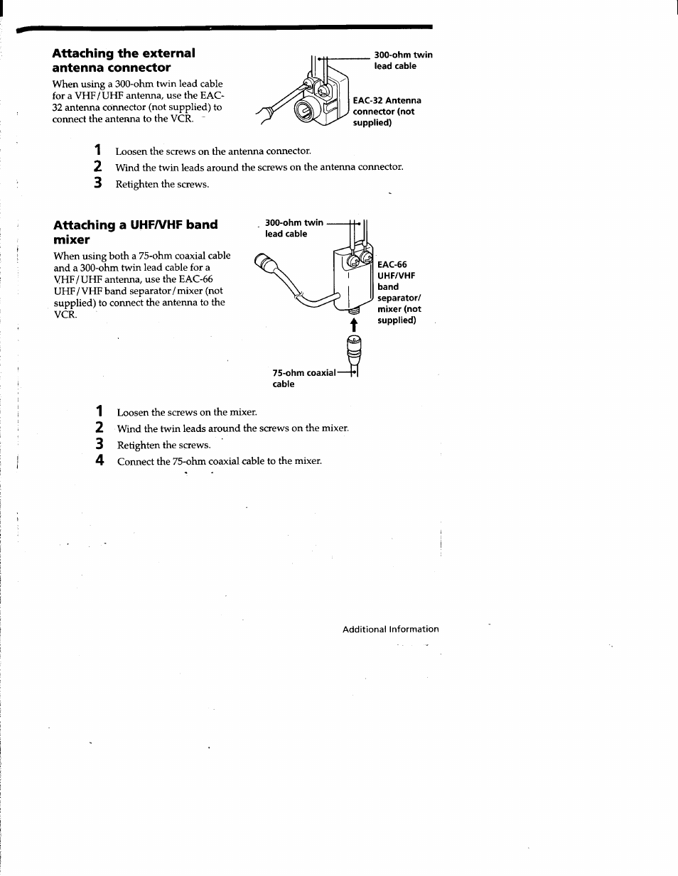 Attaching the external antenna connector, Attaching a uhfa/hf band mixer, Ohm coaxial- cable | Sony SLV-677HF User Manual | Page 45 / 53