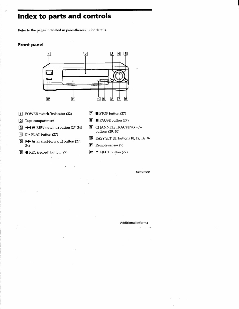 Index to parts and controls, Front panel, Continue | Sony SLV-677HF User Manual | Page 49 / 53