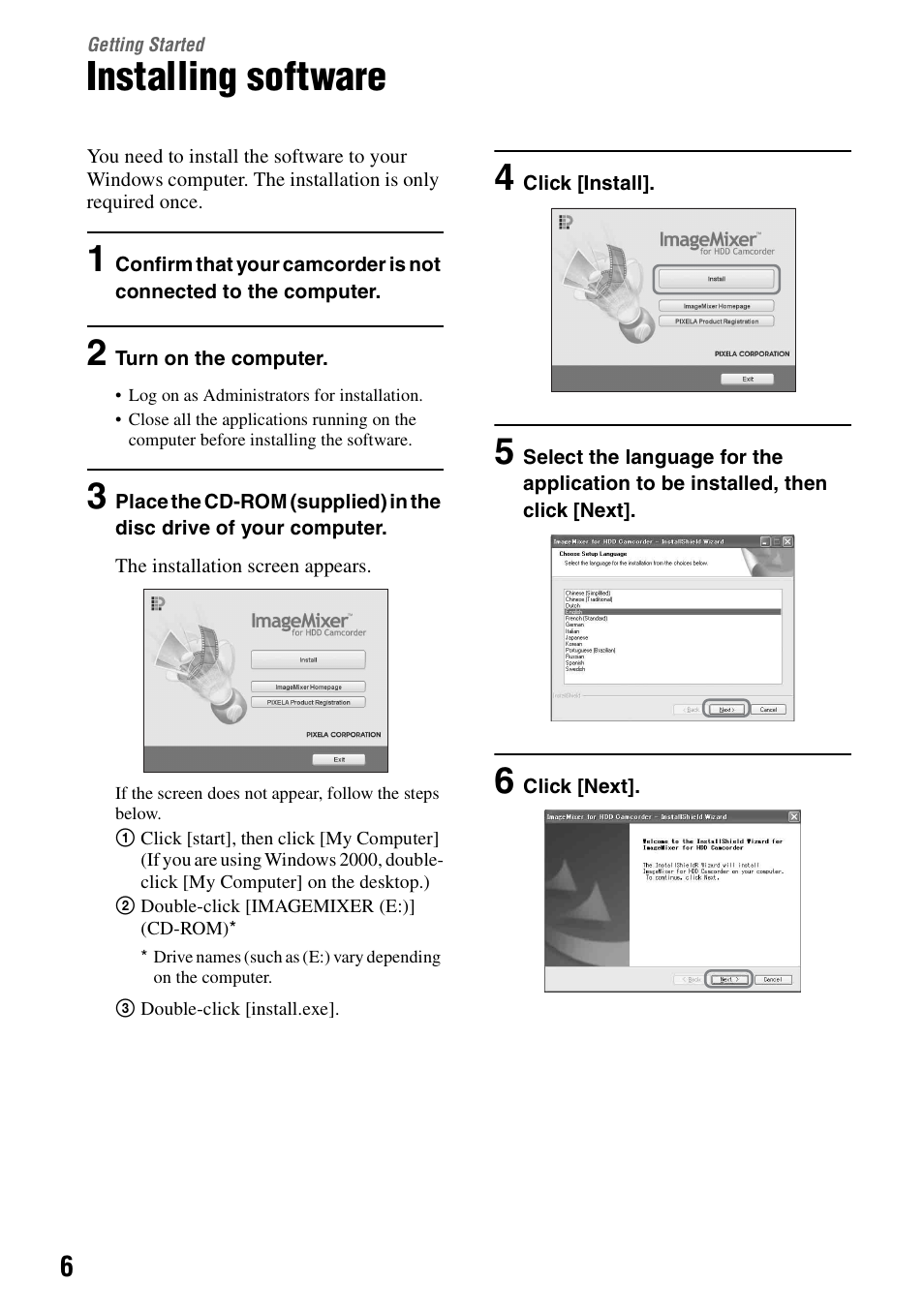 Getting started, Installing software, P.6) | Sony DCR-SR100 User Manual | Page 6 / 27