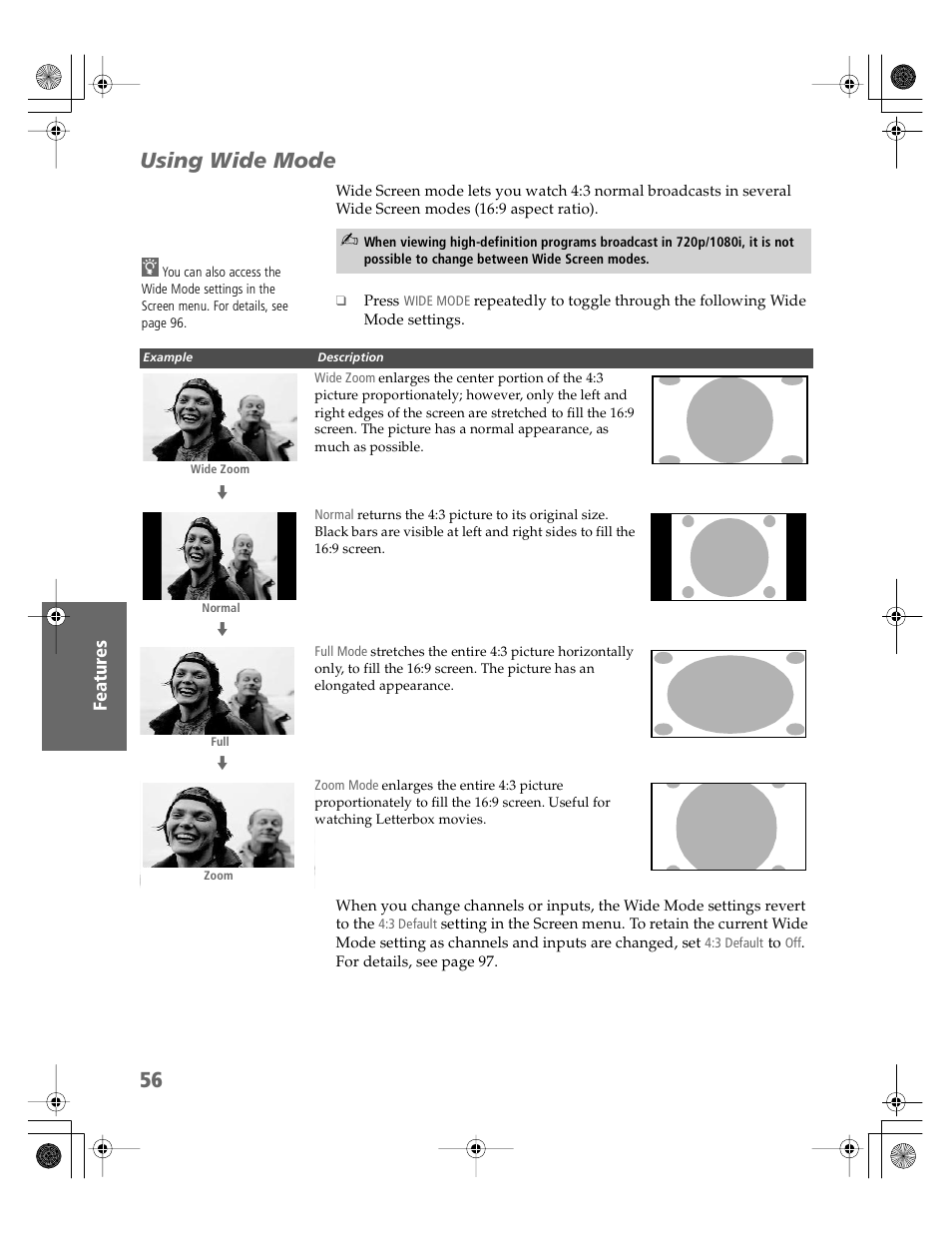 Using wide mode | Sony KDP-65WS550 User Manual | Page 57 / 122
