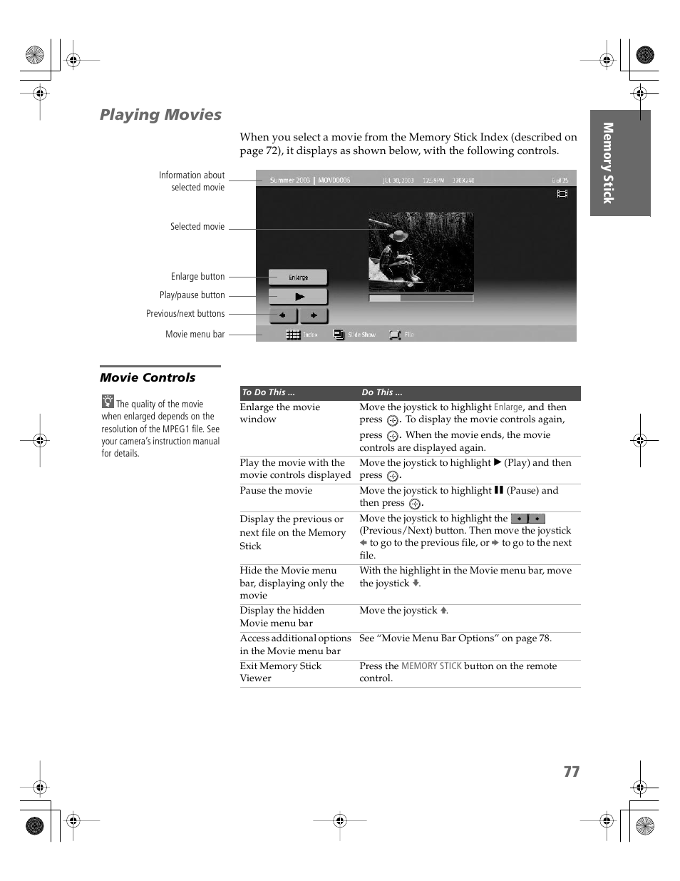 Playing movies, Movie controls | Sony KDP-65WS550 User Manual | Page 78 / 122