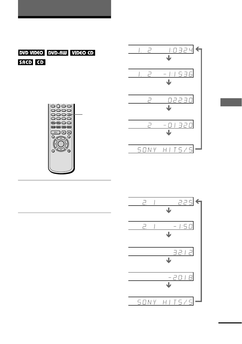 Viewing information about the disc, Viewing the playing time and remaining time on the, Front panel display | R (49), Press time/text, Continued, Time/text | Sony DVP-NS500V User Manual | Page 49 / 96