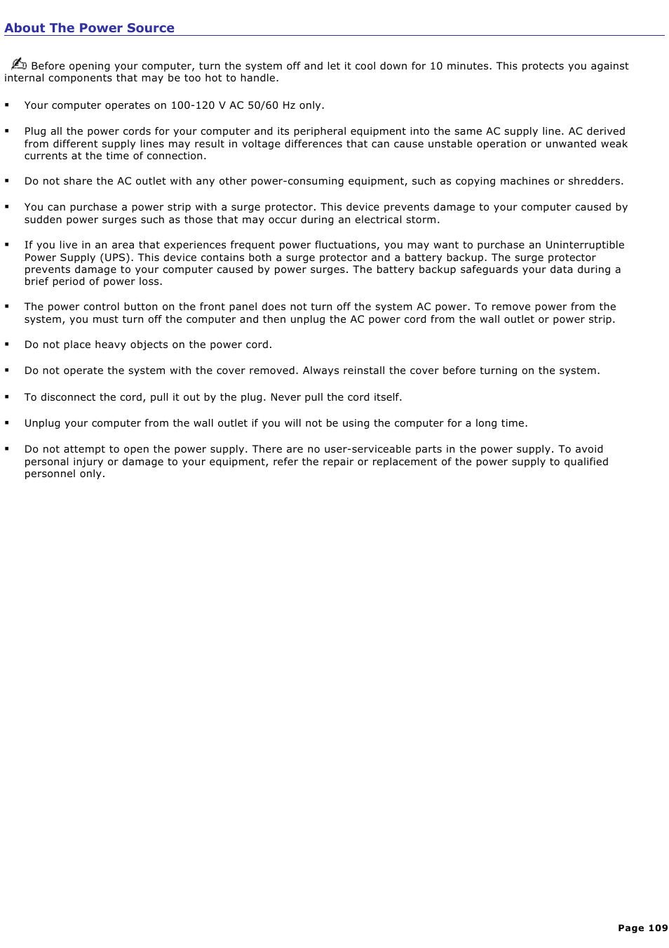 About the power source | Sony PCV-RX851 User Manual | Page 109 / 119
