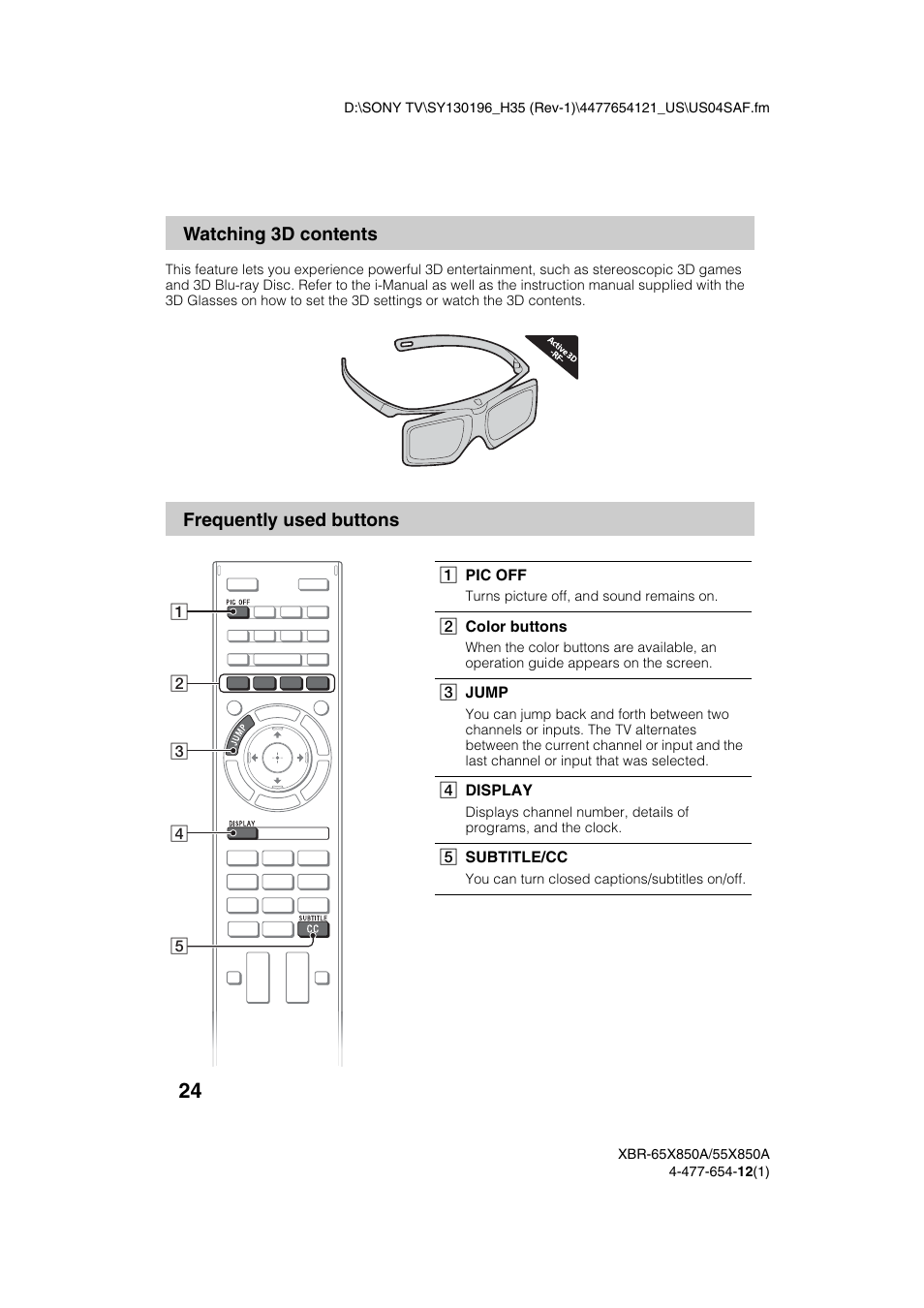 Watching 3d contents frequently used buttons | Sony XBR-55X850A User Manual | Page 24 / 36