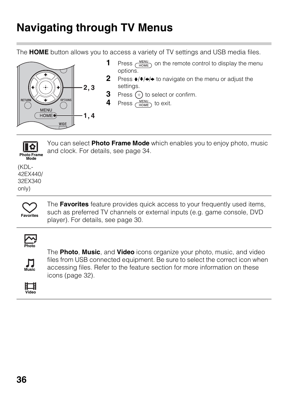 Using the menus, Navigating through tv menus | Sony KDL-42EX440 User Manual | Page 36 / 76