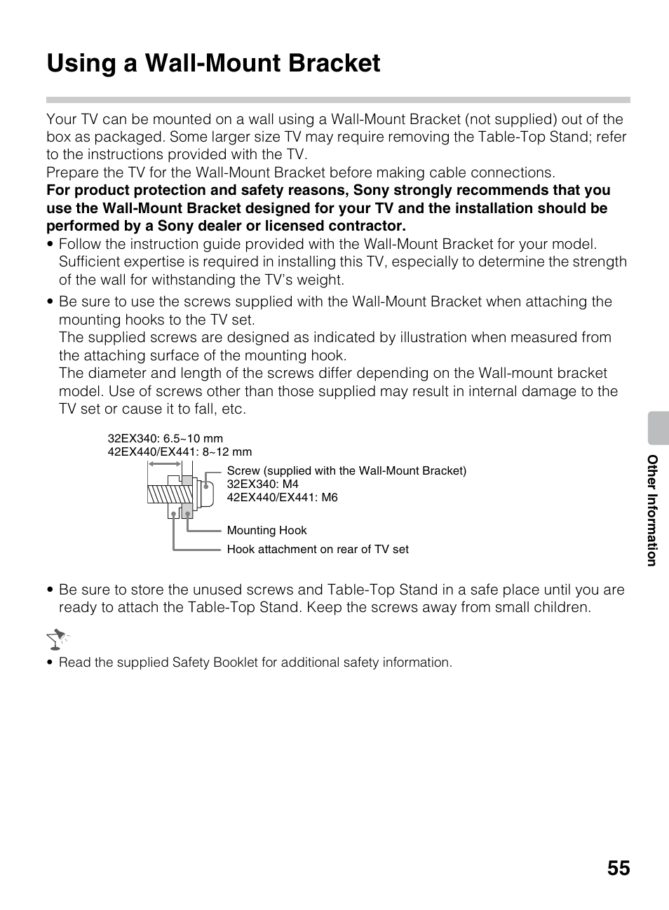 Using a wall-mount bracket | Sony KDL-42EX440 User Manual | Page 55 / 76
