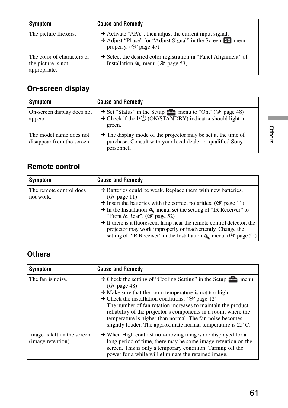 On-screen display remote control others | Sony VPL-VW200 User Manual | Page 61 / 88