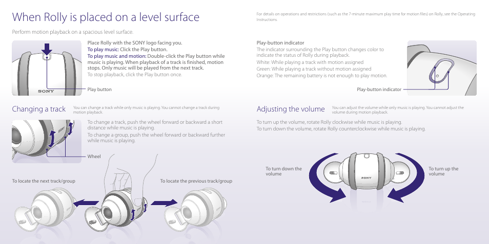 When rolly is placed on a level surface, Changing a track, Adjusting the volume | Sony SEP-30BTBLK User Manual | Page 2 / 2