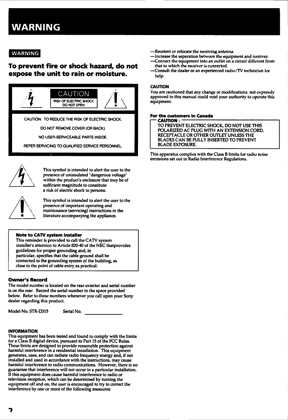 Warning, Owner's record, Caution | Sony STR-D315 User Manual | Page 2 / 20