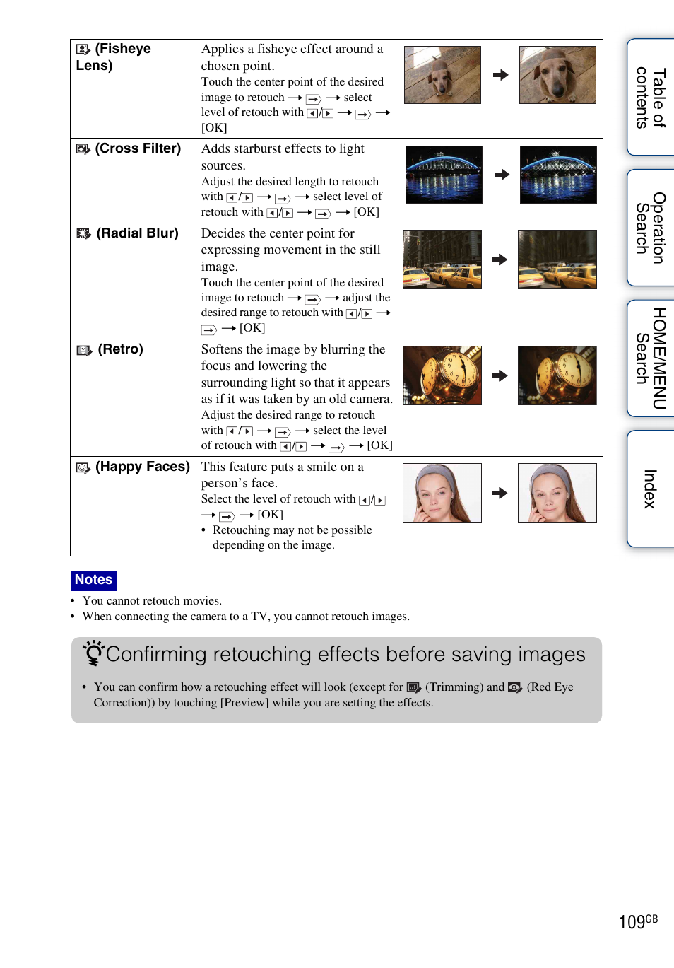 Confirming retouching effects before saving images | Sony DSC-T700 User Manual | Page 109 / 170