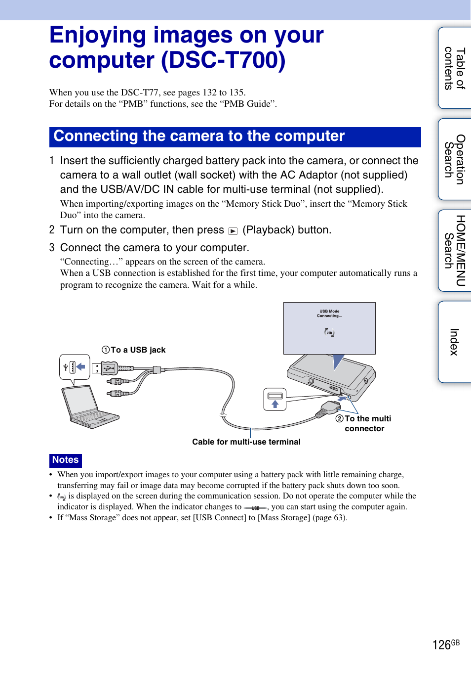 126 an, Enjoying images on your computer (dsc-t700), Connecting the camera to the computer | Sony DSC-T700 User Manual | Page 126 / 170