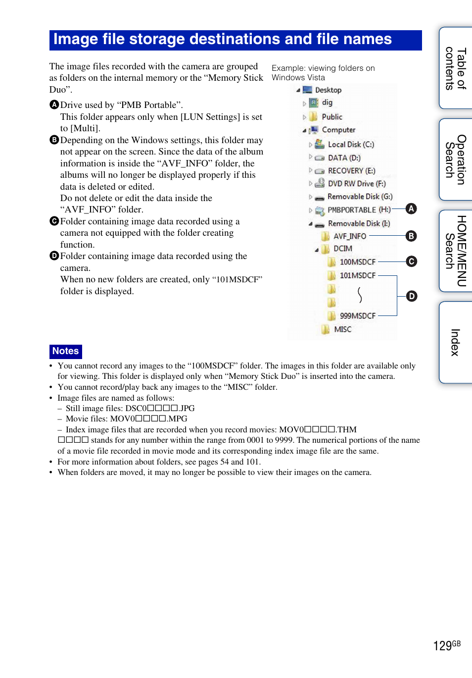 To 129), Image file storage destinations and file names | Sony DSC-T700 User Manual | Page 129 / 170
