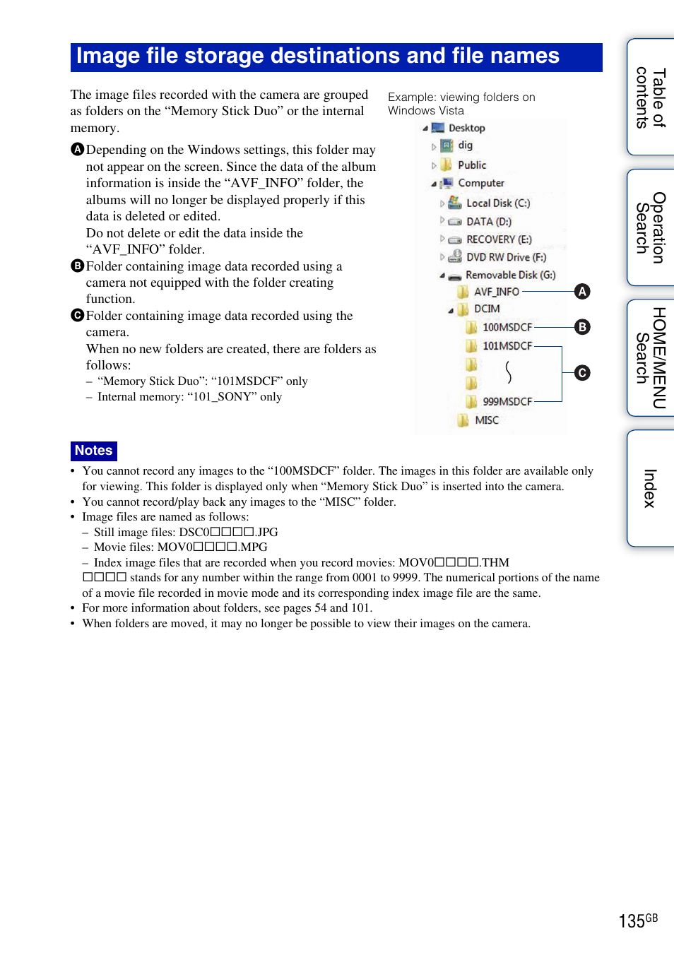 135 w, Image file storage destinations and file names | Sony DSC-T700 User Manual | Page 135 / 170