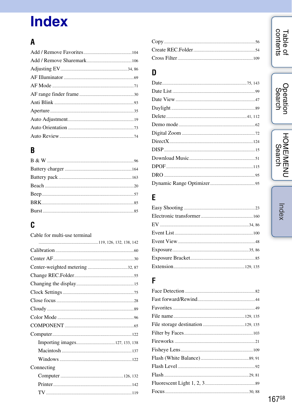De x, Index | Sony DSC-T700 User Manual | Page 167 / 170