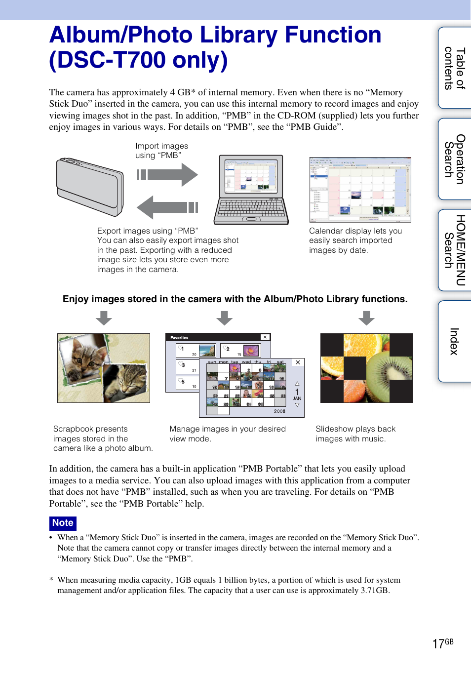 Album/photo library function (dsc-t700 only)··· 17, Album/photo library function (dsc-t700 only) | Sony DSC-T700 User Manual | Page 17 / 170