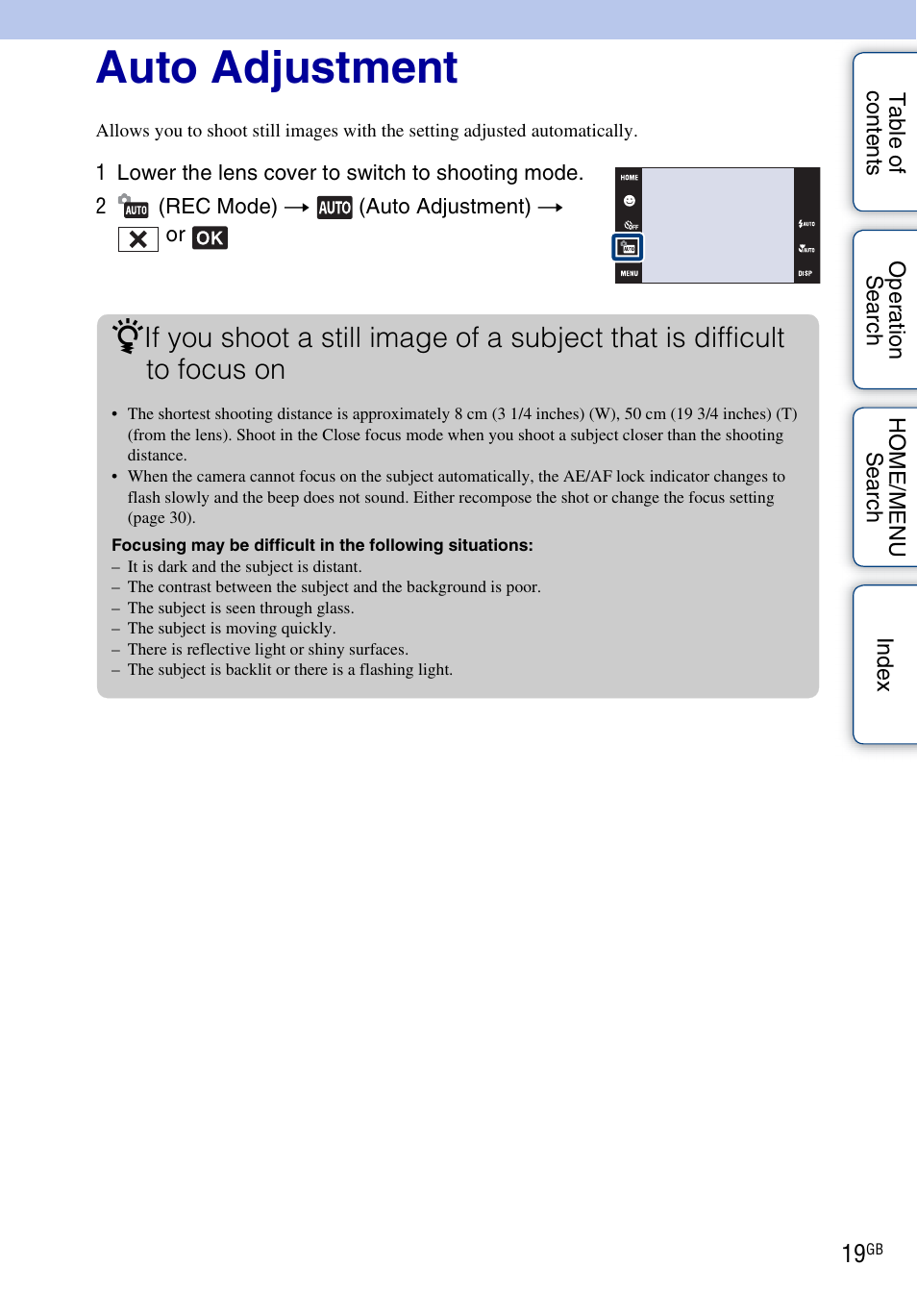 Shooting, Auto adjustment | Sony DSC-T700 User Manual | Page 19 / 170