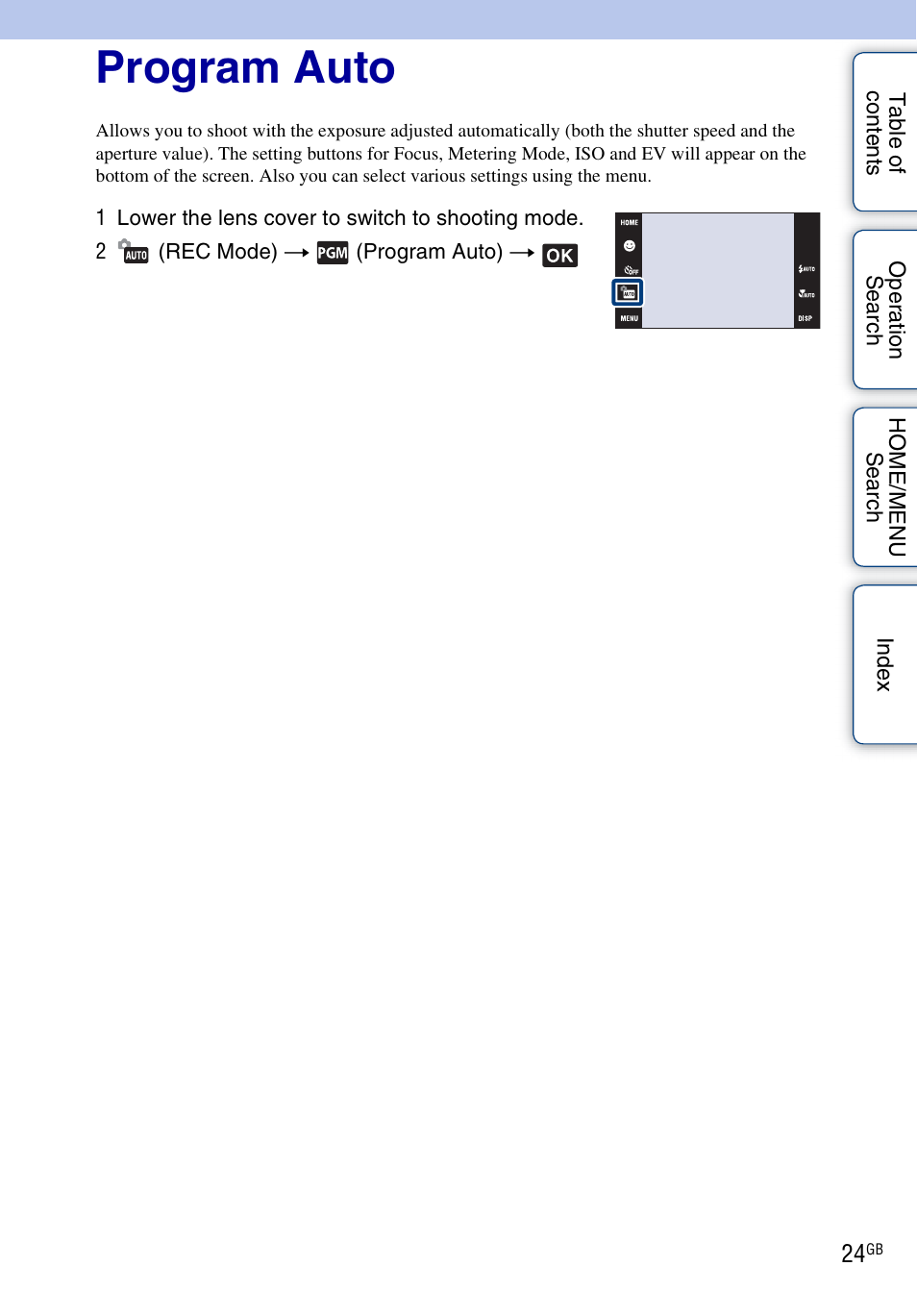 Program auto | Sony DSC-T700 User Manual | Page 24 / 170