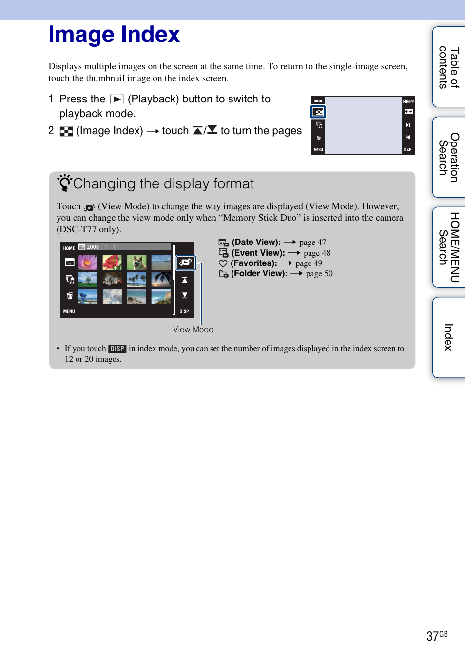 Image index, Changing the display format | Sony DSC-T700 User Manual | Page 37 / 170
