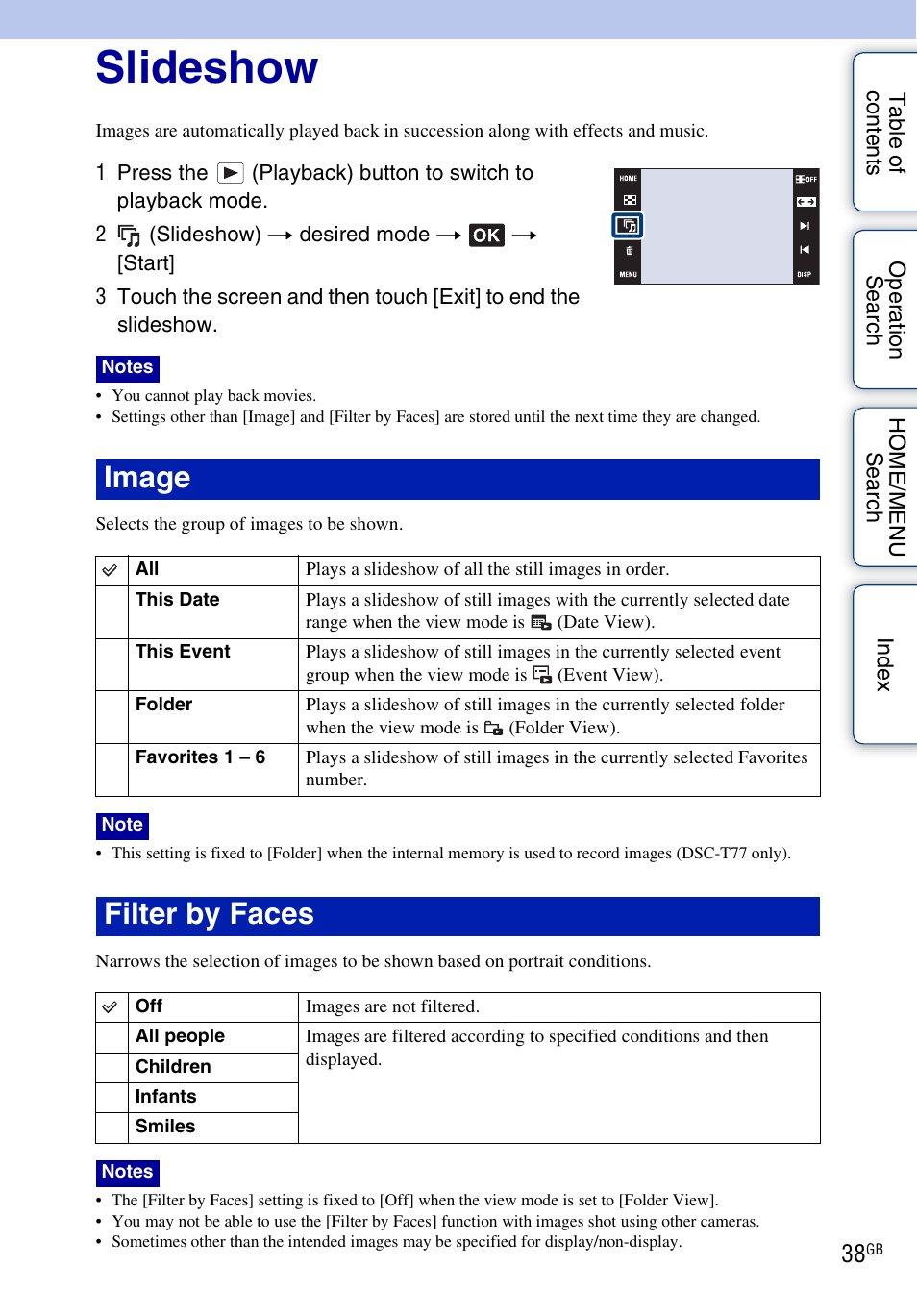 Slideshow, Image, Filter by faces | Sony DSC-T700 User Manual | Page 38 / 170