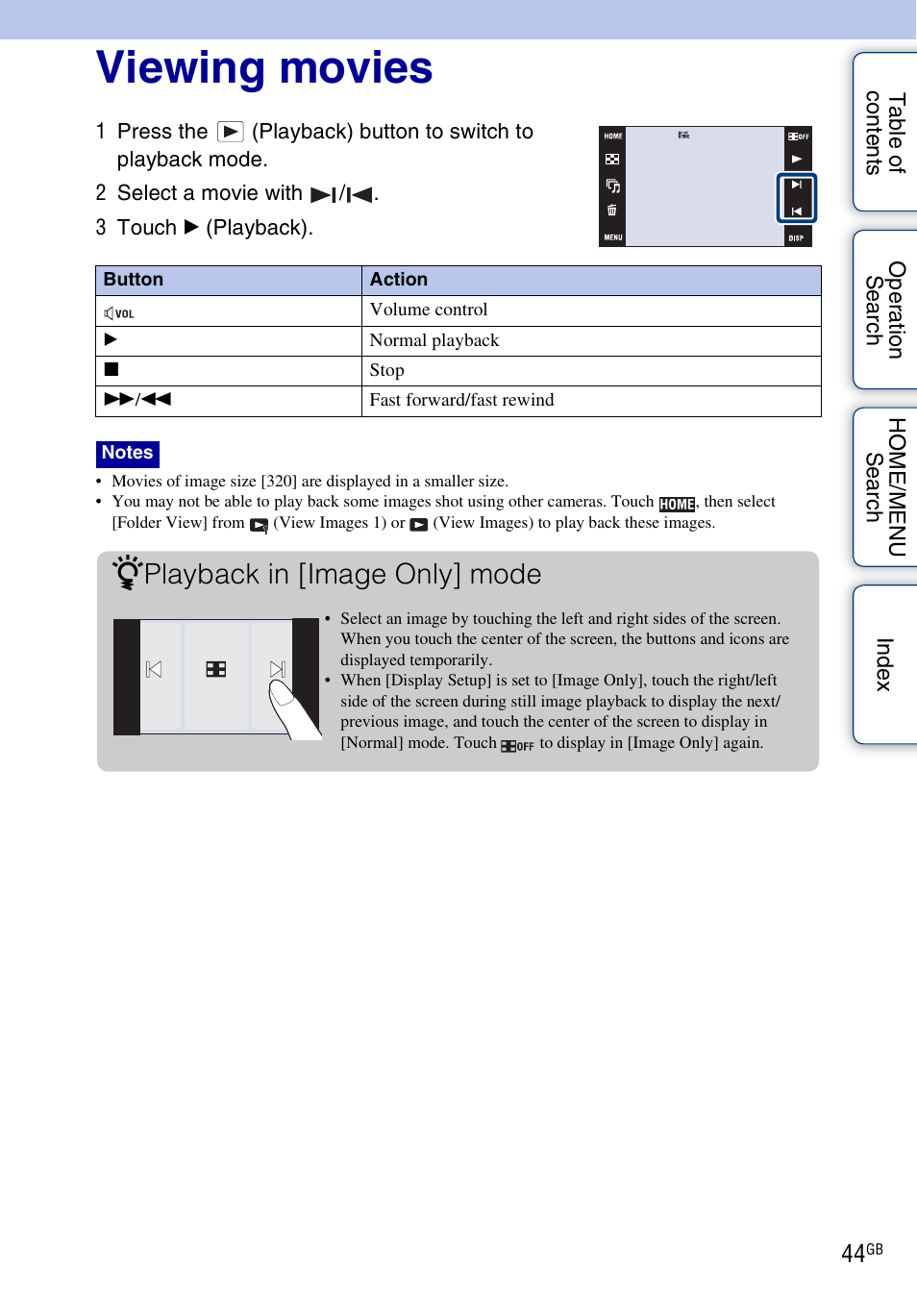 Viewing movies, Playback in [image only] mode | Sony DSC-T700 User Manual | Page 44 / 170
