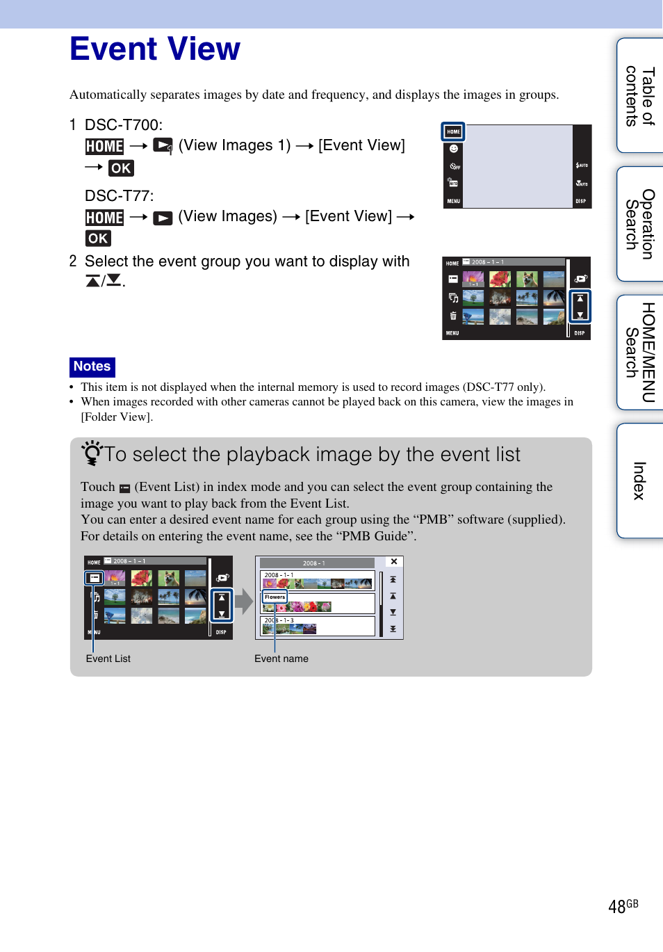 Event view | Sony DSC-T700 User Manual | Page 48 / 170