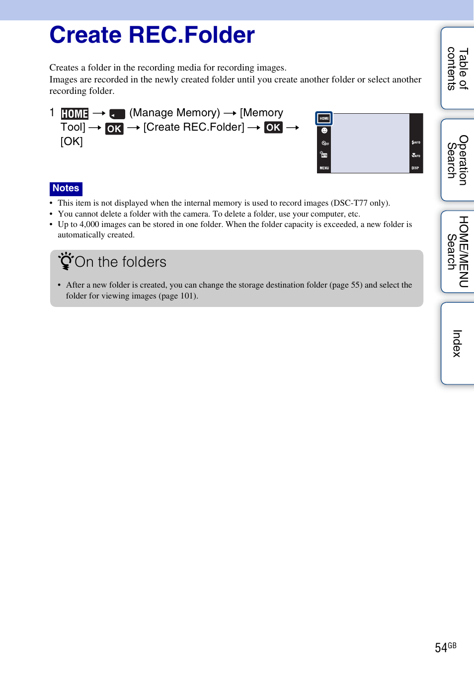 Create rec.folder, On the folders | Sony DSC-T700 User Manual | Page 54 / 170
