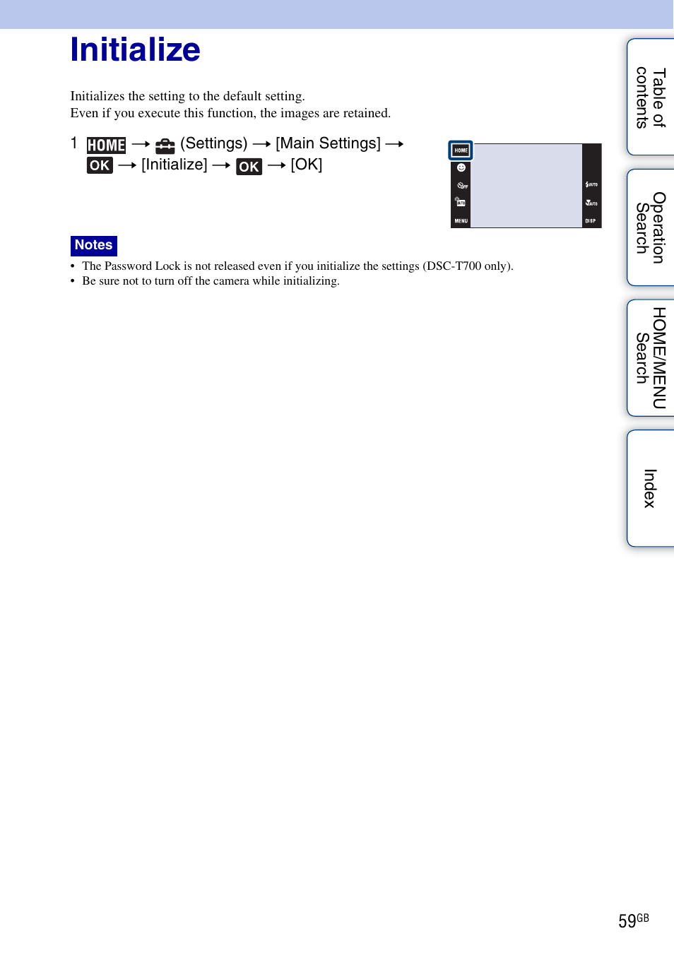 Initialize | Sony DSC-T700 User Manual | Page 59 / 170