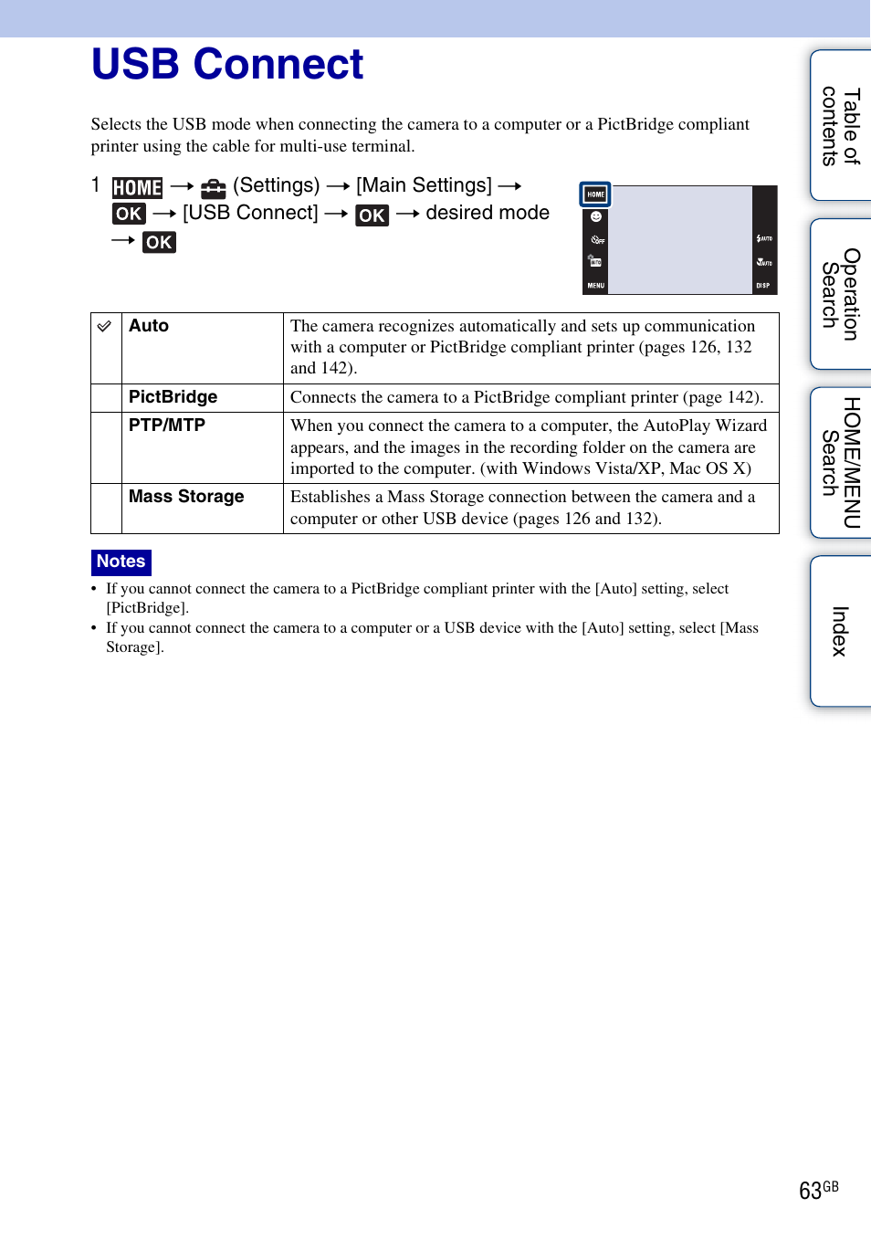 Main settings – main settings 2, Usb connect | Sony DSC-T700 User Manual | Page 63 / 170