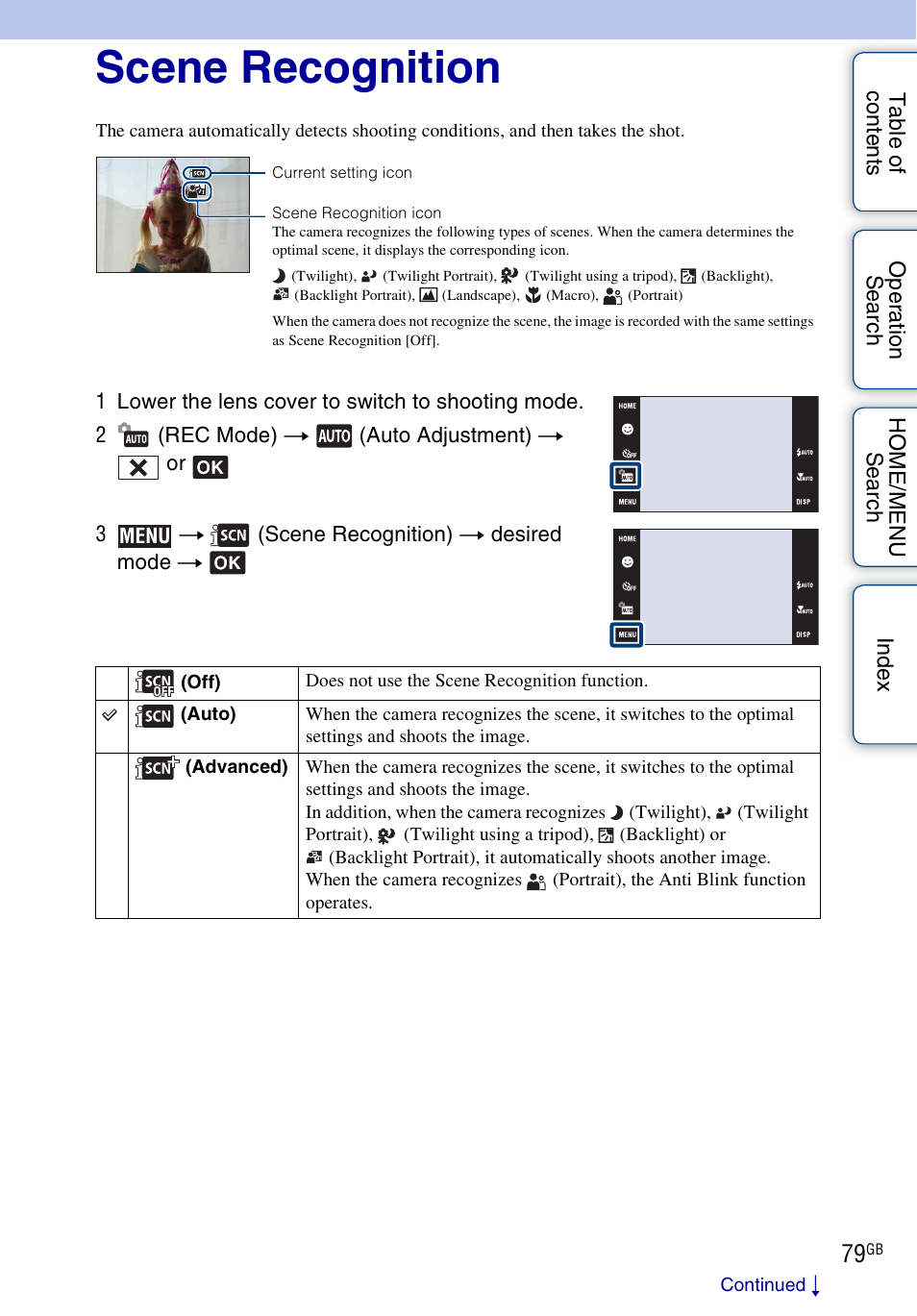Scene recognition | Sony DSC-T700 User Manual | Page 79 / 170