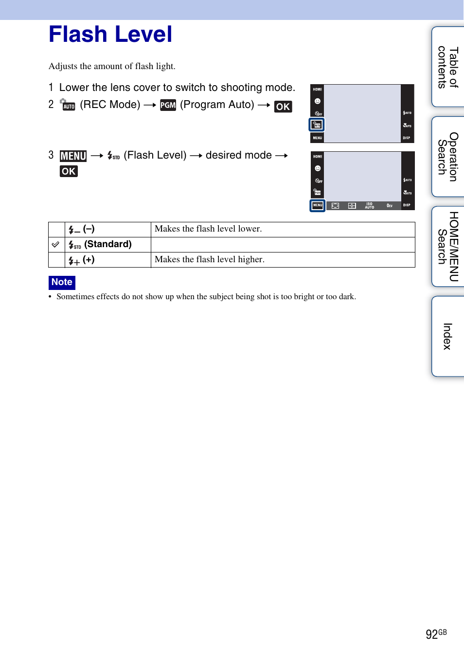 Flash level | Sony DSC-T700 User Manual | Page 92 / 170